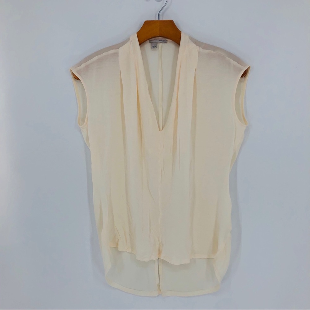 Halogen Sheer V-Neck Hi-Lo Cream Slit Back Blouse
